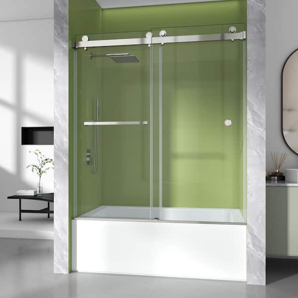 56-61 in. W x 66 in. H Double Sliding Frameless Tub Shower Door in Chrome with 3/8 in. Clear SGCC Tempered Glass