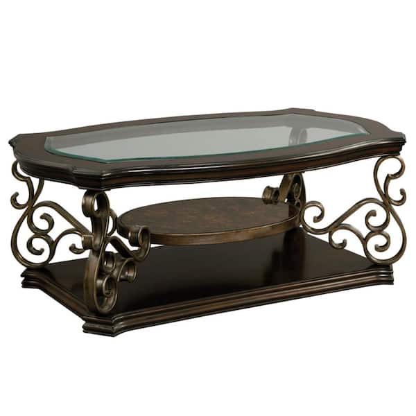 Avex 52 in. W Brown Irregular Glass Coffee Table with Marble Paper Middle Shelf and Powder Coat Finish Metal Legs