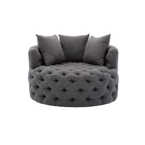Dark Gray Linen Fabric Swivel Upholstered Barrel Living Room Chair With Tufted Cushions