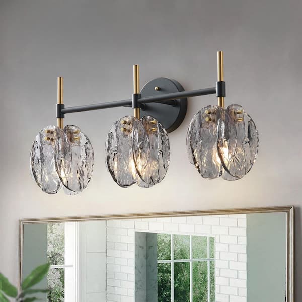 Modern 21.26 in. 3-Light Matte Black Vanity Light Over Mirror with Gray Textured Glass Shades