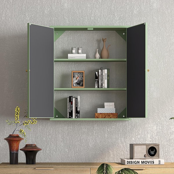 Unbranded 23.62 in. W x 27.56 in. H Vintage Rectangular Iron Medicine Cabinet with Mirror in Green KCCabIN7