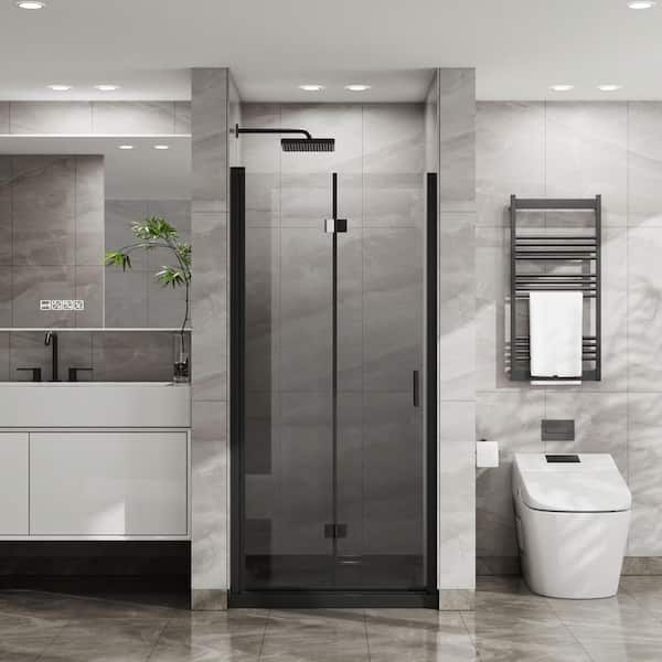 WELLFOR 34 in. W x 72 in. H Bi-Fold Frameless Shower Door with Tempered Clear Glass in Matte Black, w/ Black Acrylic Shower Base
