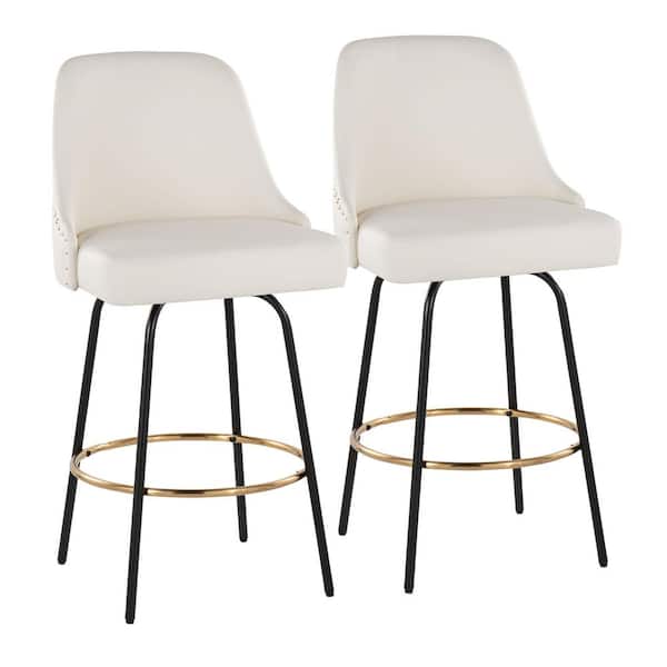 Studded Marcel 27" Black Metal and White Faux Leather Fixed-Height Counter Stool with Gold Round Footrest (Set of 2) LYW
