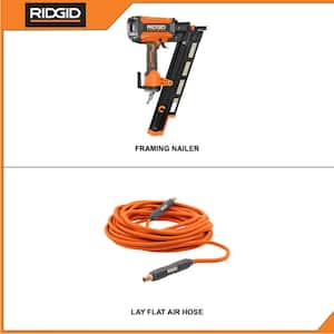 Pneumatic 21-Degree 3-1/2 in. Round Head Framing Nailer with 1/4 in. 50 ft. Lay Flat Air Hose