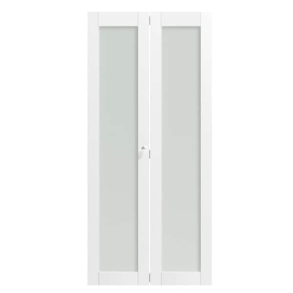 TENONER 36 in. x 80 in. 1-Panel, Frosted Glass, White Solid Core, MDF Wood, PVC Covering Bi-fold Doors with Hardware Kits