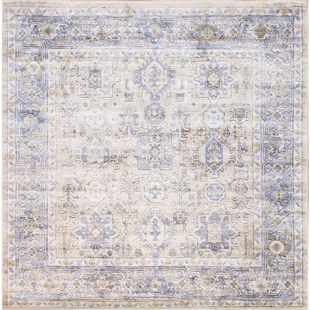 Beige and Blue 6' Square Stain-Resistant Synthetic Area Rug