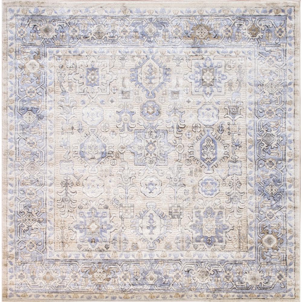 Beige and Blue 6' Square Stain-Resistant Synthetic Area Rug