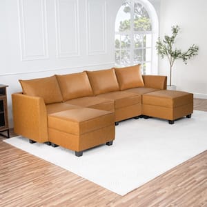 112.99 in. Contemporary 1-Piece Caramel Faux Leather Sectional Sofa with Chaise Sectional Sofa with Double Ottoman