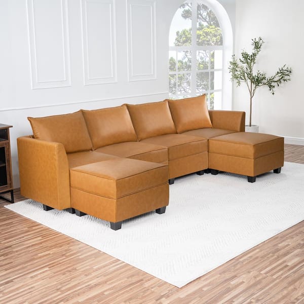 MAYKOOSH 112.99 In. Contemporary 1-Piece Caramel Faux Leather Sectional ...