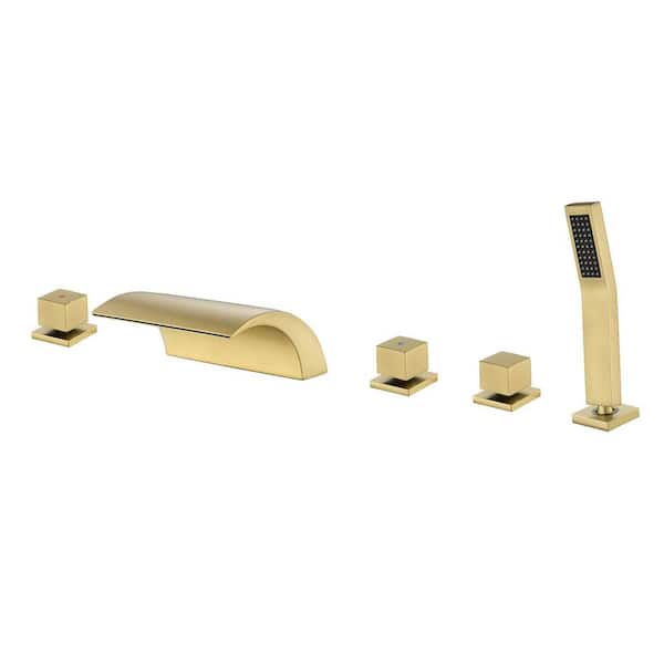 WELLFOR 3-Handle Deck-Mount Waterfall Roman Tub Faucet with Hand Shower in Brushed Gold