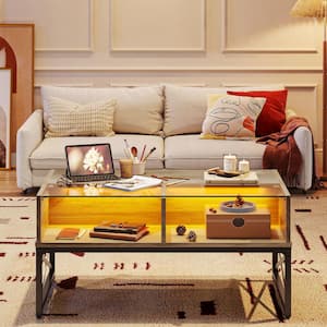 41.7 in. Wash Grey Rectangle Wood LED Coffee Tables for Living Room with Storage