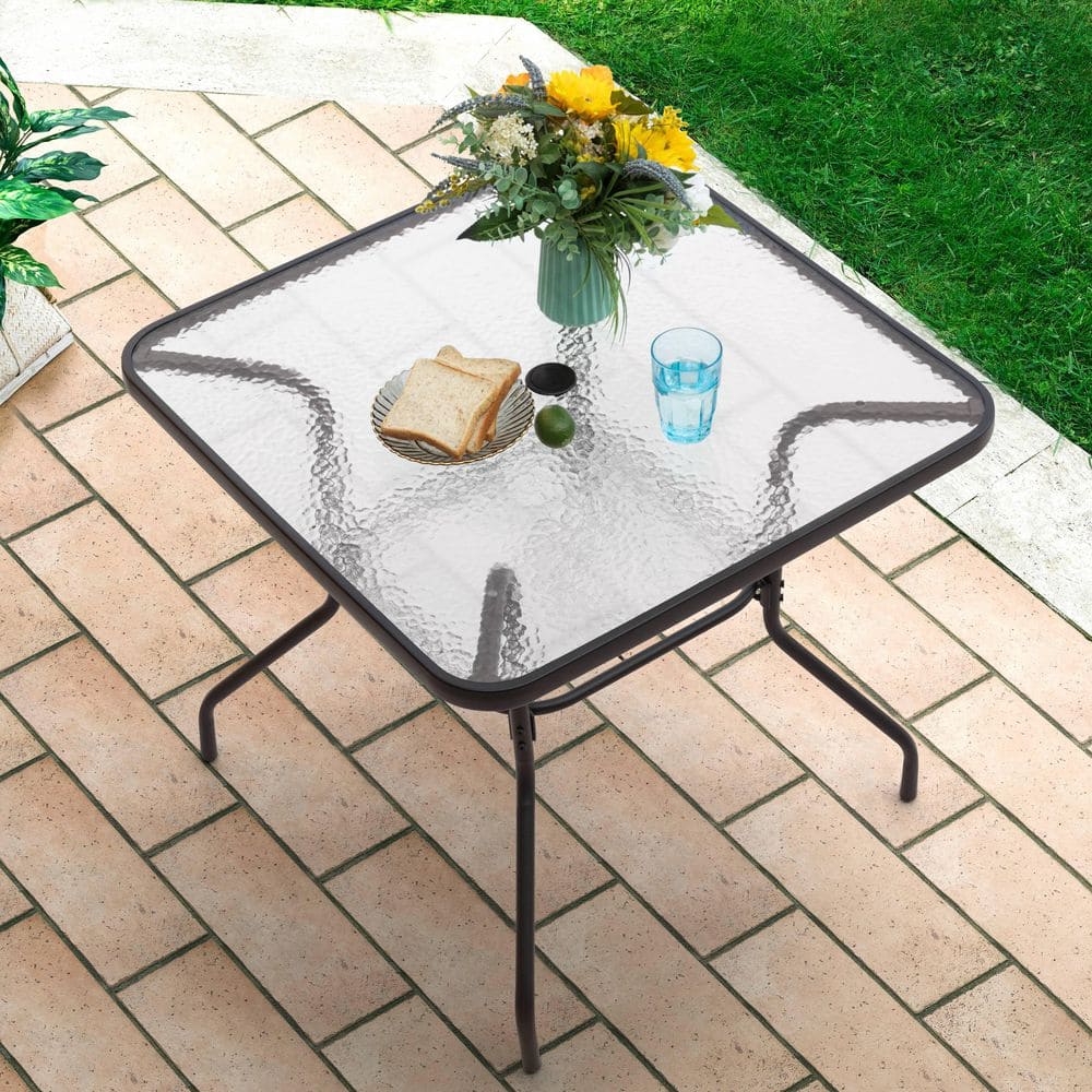 Black Square Metal Outdoor Dining Table with Tempered Glass Top