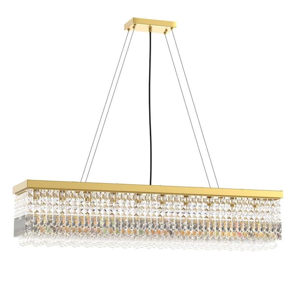 10-Light Gold Modern Rectangle Crystal Chandelier, K9 Pendant Light for Dining Room or Kitchen Island