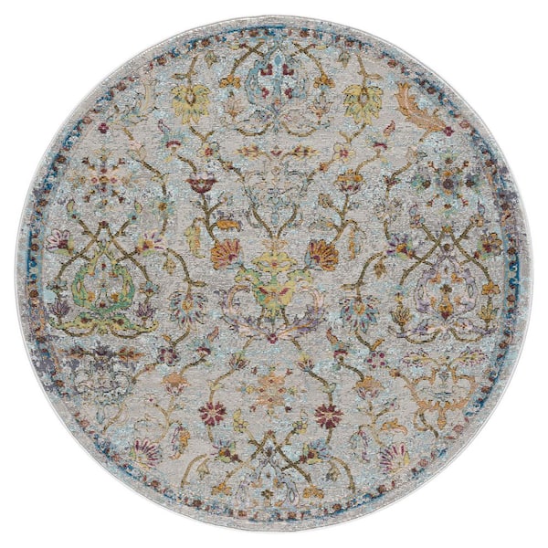 Gracie Persian Classic Victorian Gray/Multi 7 ft. Round Distress Floral Indoor Rug