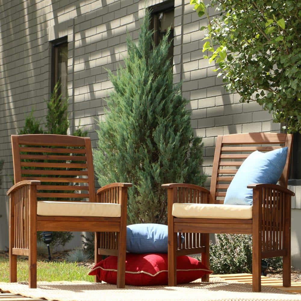Dark Brown Acacia Wood Patio Chairs with Beige Cushions - Set of 2