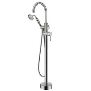 6 GPM Floor Mount Free Standing Tub Faucet with Hand Held Shower and Lever Handle in Brushed Nickel