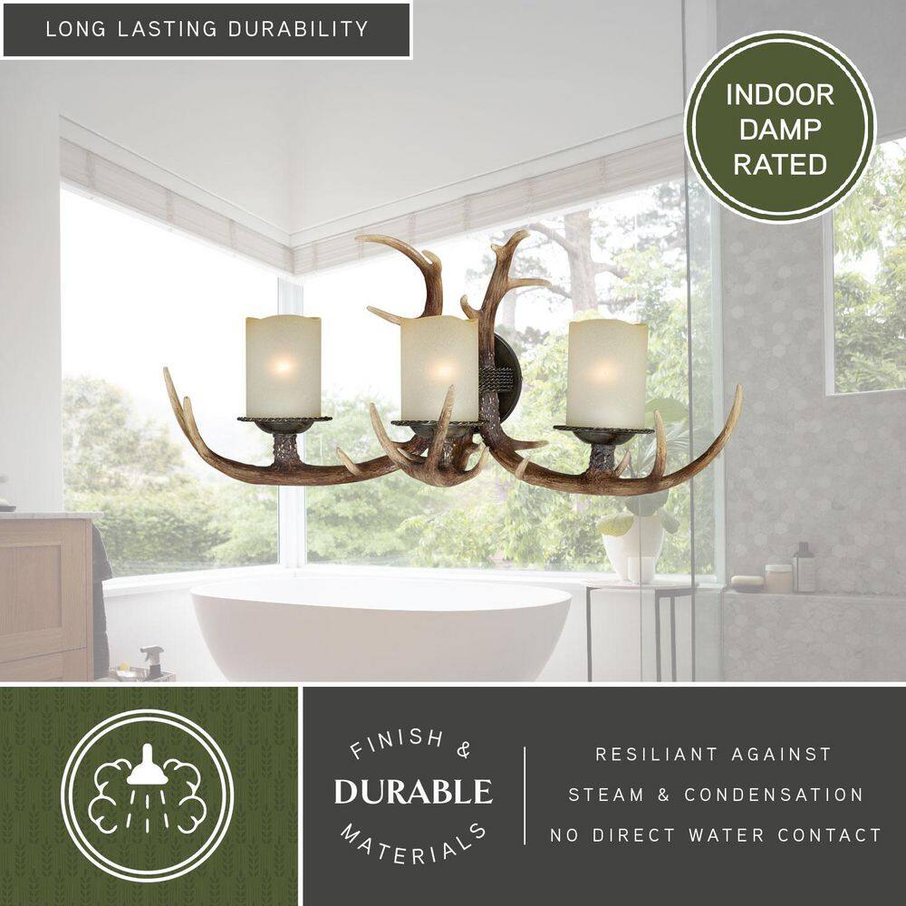 Rustic Brown Antler 3-Light Vanity with Creme Cognac Glass