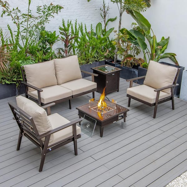Leisuremod Walbrooke Brown 5-Piece Aluminum Square Patio Fire Pit Set with Beige Cushions, Slats Design and Tank Holder