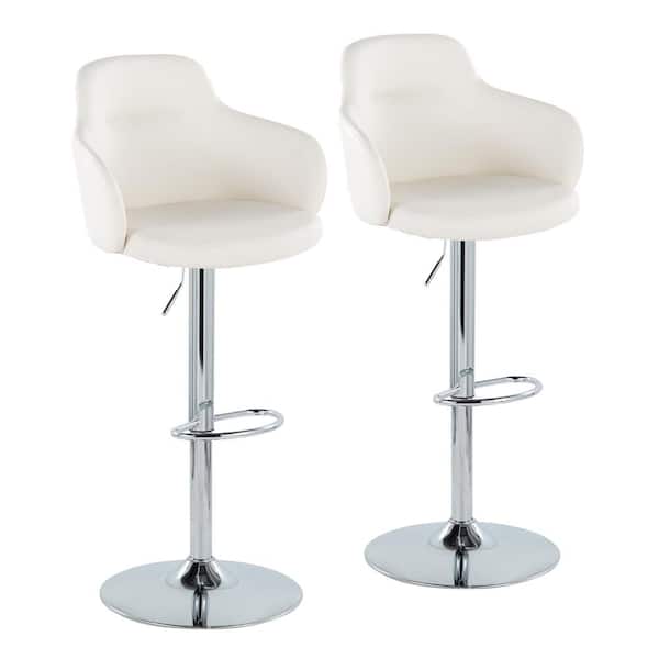 Lumisource Boyne 45 in. White Faux Leather and Chrome Metal Adjustable Bar Stool with Oval Footrest (Set of 2)