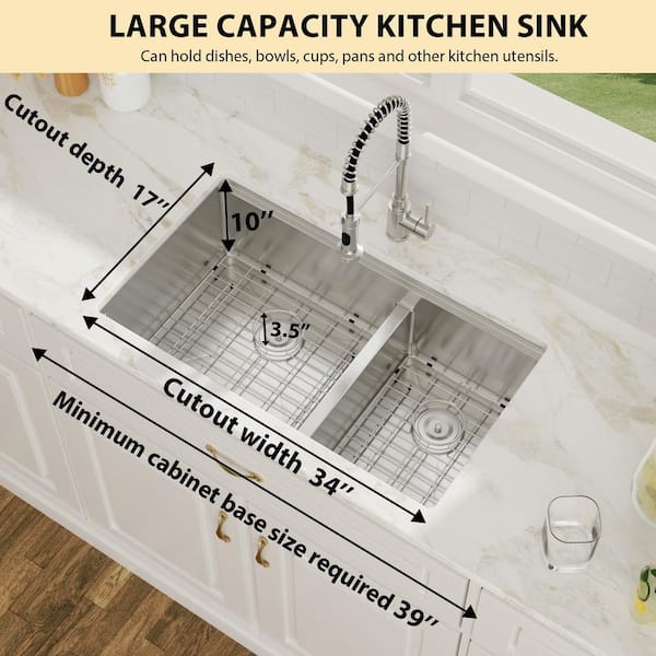 36 in. Undermount Workstation Double Bowl 60/40 Sink with Low Divide 16-Gauge Brushed Stainless Steel Sink
