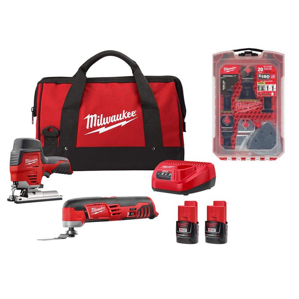 Milwaukee M12 12V Lithium-Ion Cordless Jigsaw and Oscillating Multi-Tool Kit  with Oscillating Multi-Tool Blade Kit (20-Piece) 2445-22MT-49-10-9220 The  Home Depot