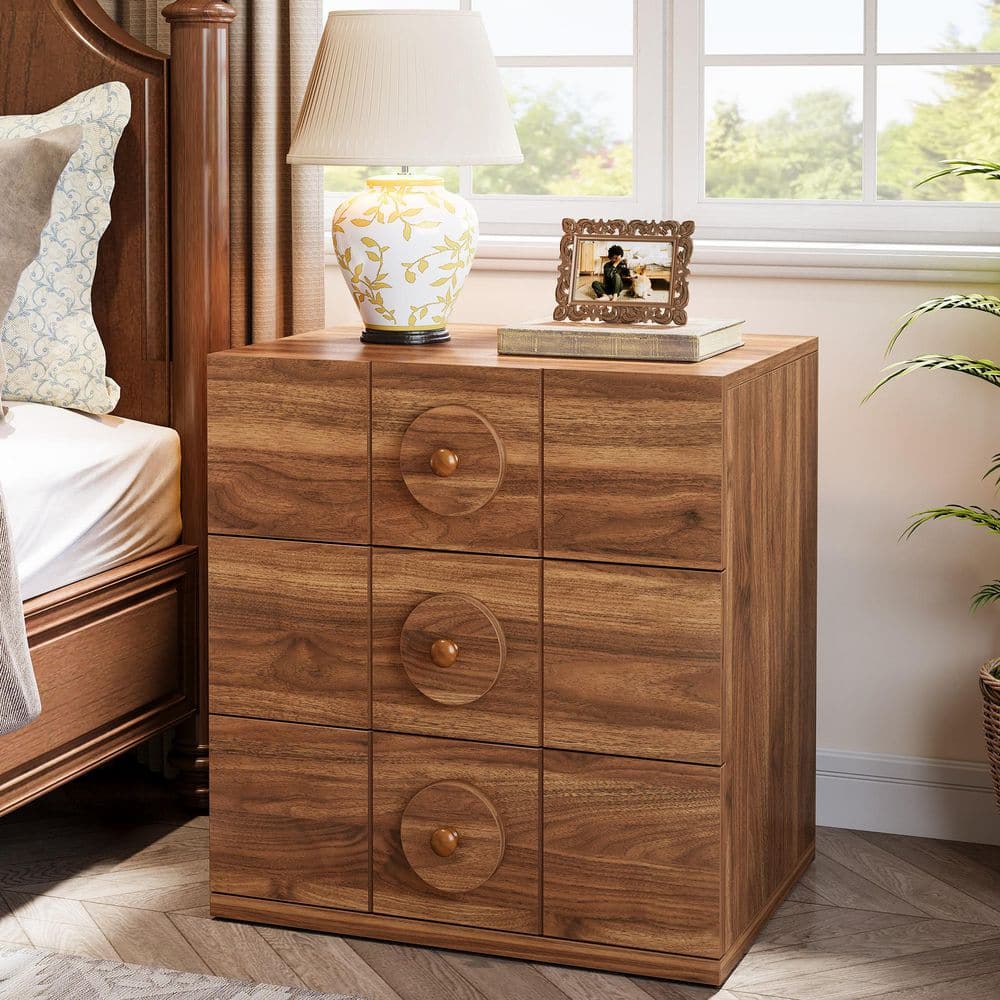 Fenley Walnut Brown 3 Drawer 24 in. W Nightstand, Mid-Century Modern Night Stand Bedside End Table with Solid Handles