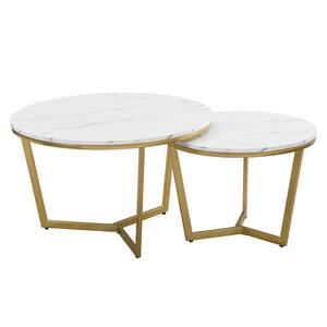 31.5 in. White Wood Nesting End Table Modern Round Coffee Table with Marbling Top and Gold Base