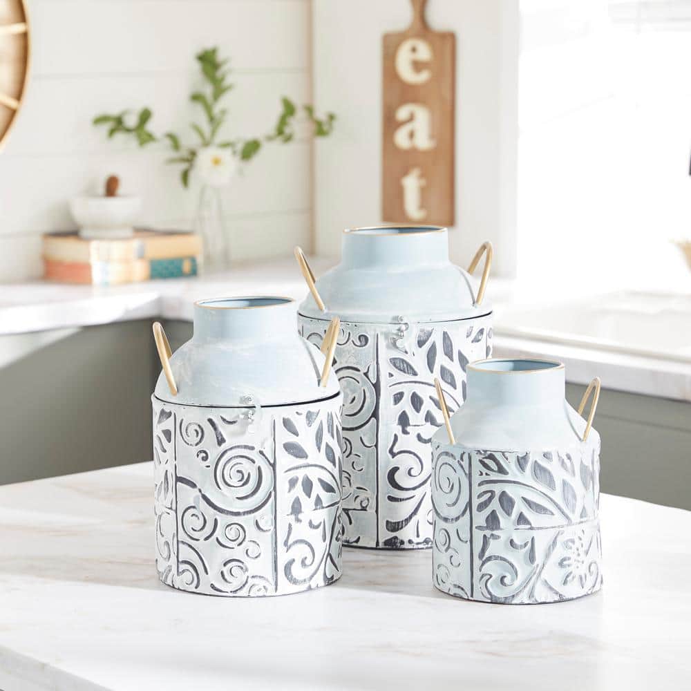 8 in., 12 in., 10 in. Blue Embossed Metal Floral Decorative Vase with Gold Handles (Set of 3) price history on PriceWatchPro