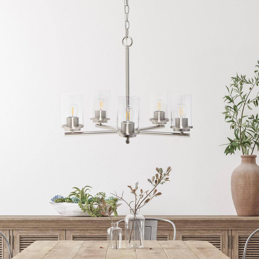 Brushed Nickel 5-Light Metal and Glass Pendant Chandelier