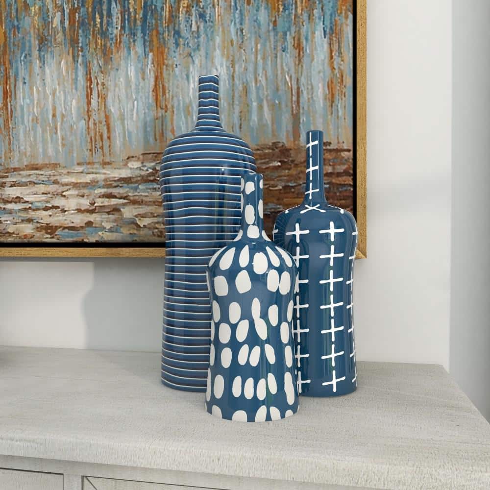 Blue and White Ceramic Bottle-Shaped Table Vase Set of Three
