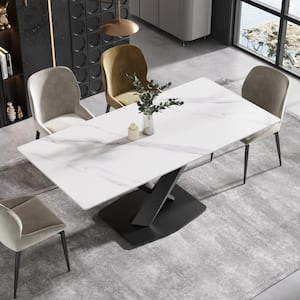 70.87 in. Rectangle White Sintered Stone Tabletop Dining Table with Black Carbon Steel Base (Seats 8)