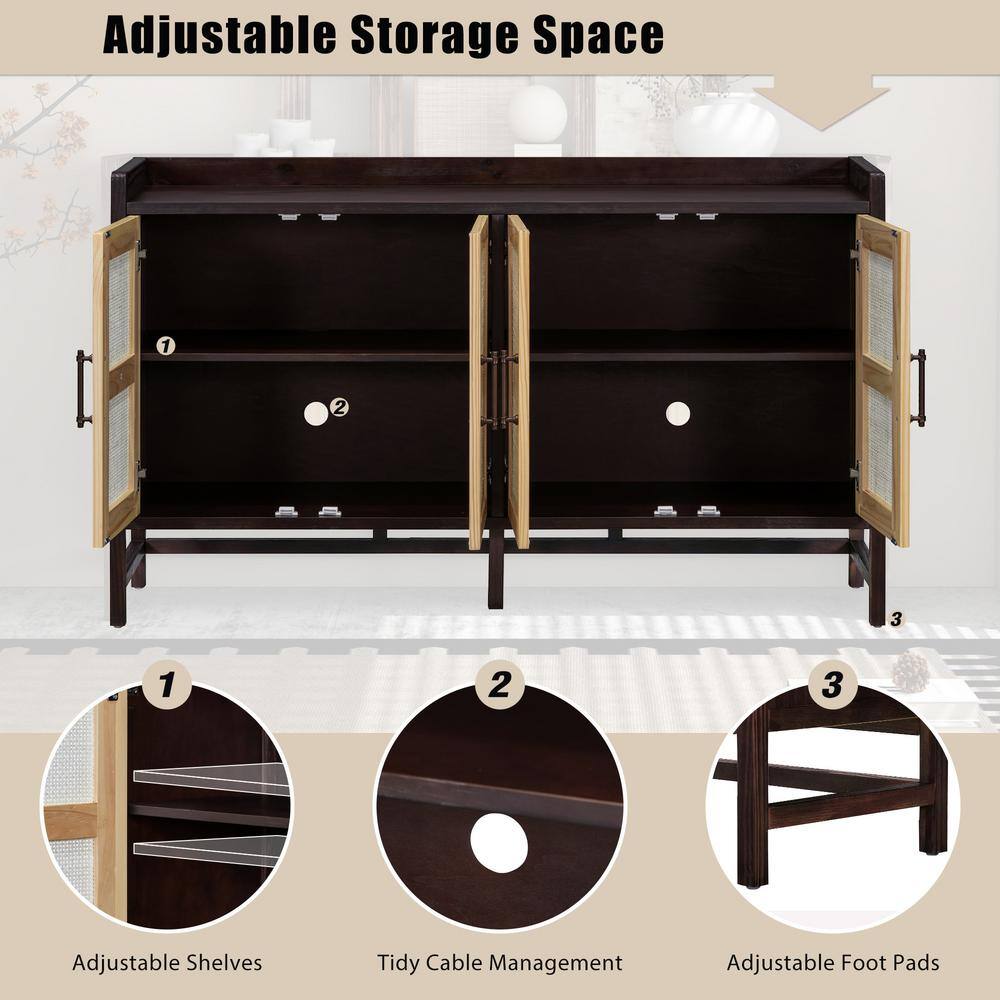 Natural Walnut Wood 60 in. Sideboard with Rattan Doors