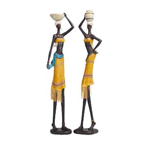 Yellow Resin Handmade African Woman People Sculpture with Water Jugs and Jeweled Details (Set of 2)
