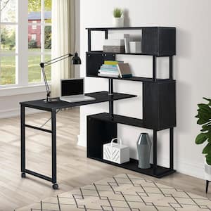 47.2 in. L-Shaped Computer Desk Black Wood Corner Table with Metal Frame Convertible Writing Table with 5-Tier Bookshelf