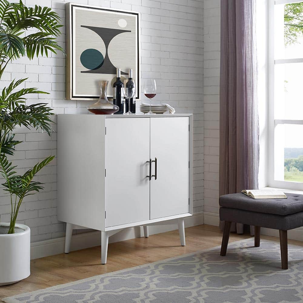 Landon Mid-Century White Bar Cabinet with Antique Brass Handles