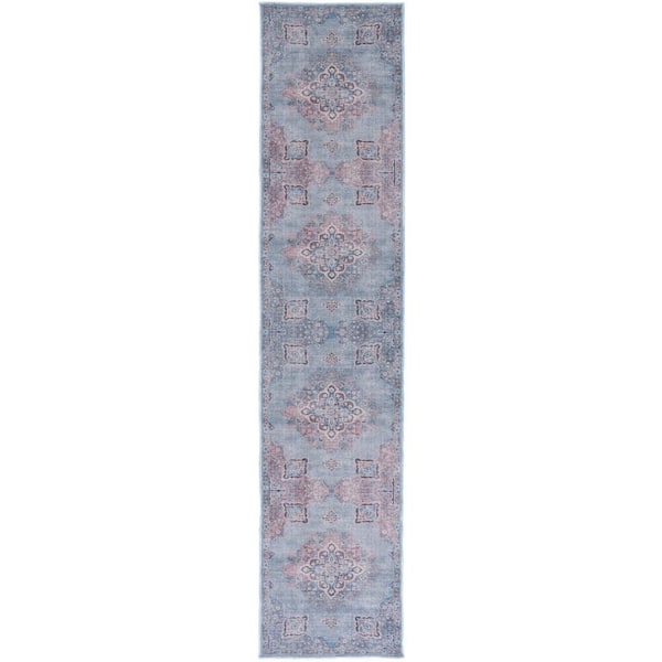 Serapi Ivory/Blue 2 ft. x 9 ft. Machine Washable Geometric Distressed Runner Rug