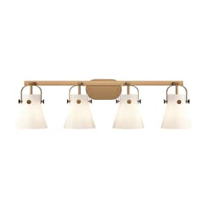 Pilaster II Cone 36.5 in. 4-Light Brushed Brass Vanity Light with Glass Shade