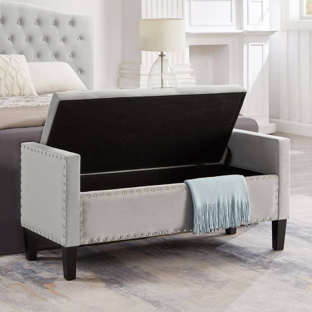 Gray Velvet 48" Backless Storage Bench with Nail Trim