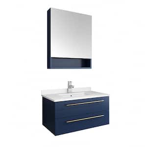 Lucera 30 in. W Wall Hung Bath Vanity in Royal Blue with Quartz Sink Vanity Top in White with White Basin