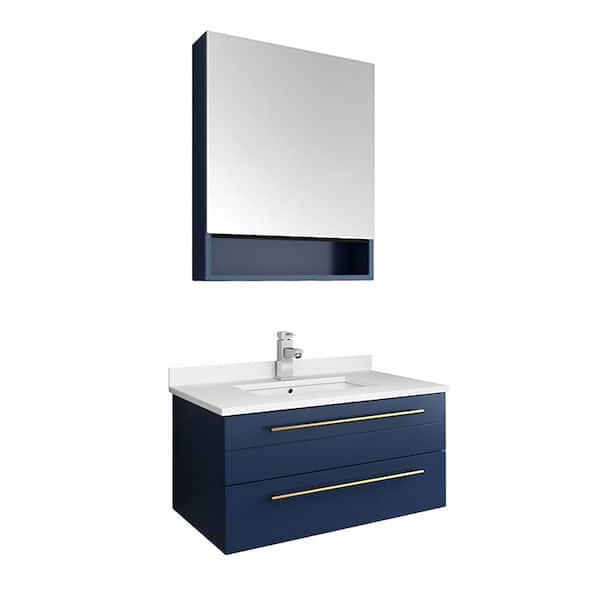 Fresca Lucera 30 in. W Wall Hung Bath Vanity in Royal Blue with Quartz Sink Vanity Top in White with White Basin