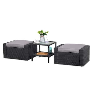 Black 3-Piece Wicker Patio Conversation Set with Gray Cushions
