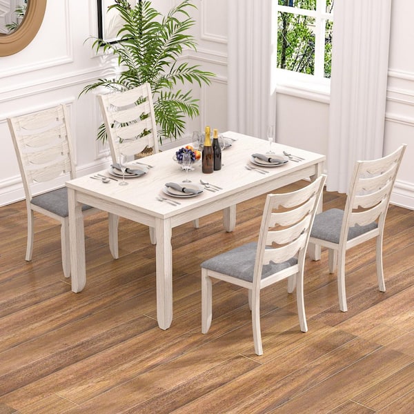 VECELO 63 in. Gray Wood Top Farmhouse Dining Table Set with Ladder Back Chairs, 5 Piece Kitchen Set for 4