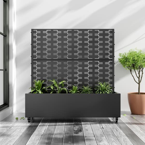 Dovelina Large 47 in. x 47 in. Black Metal Raised Garden Bed Planter Box with Trellis and Caster