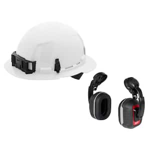 BOLT White Type 1 Class E Full Brim Non Vented Hard Hat w/4 Point Ratcheting Suspension W/BOLT HP Cap Mounted Ear Muffs