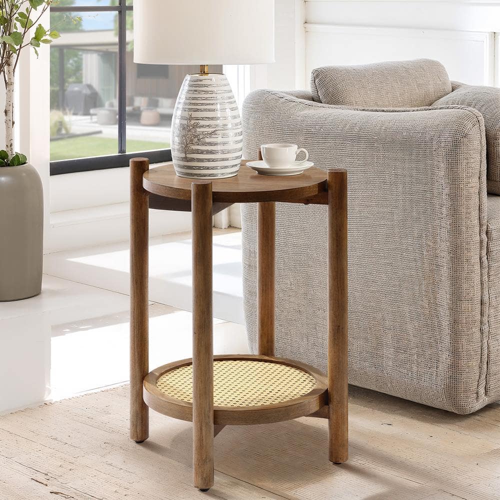 Chestnut Finish Pine and MDF Round Table with Rattan Shelf