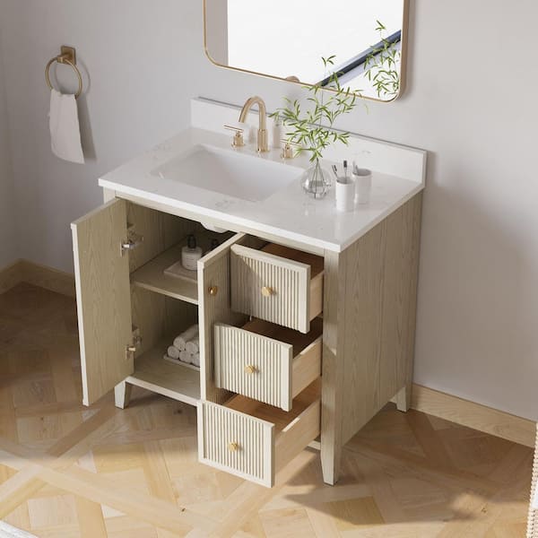 ANITA 36 in. Ash Freestanding Bath Vanity with White Quartz Top, 4 in. Backsplash/BLUM Hinge/DTC Slider, Fully Assembled