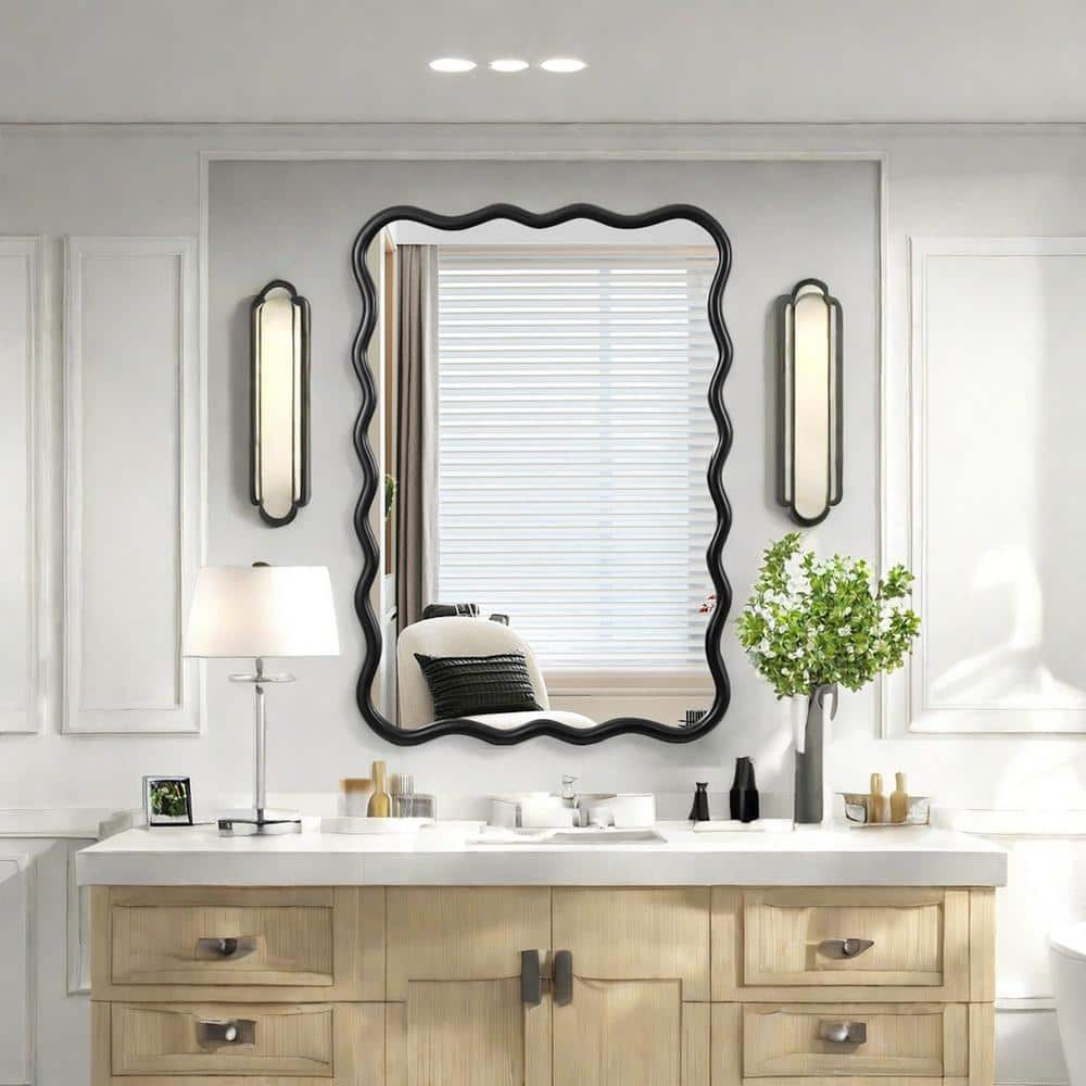 Antique Black Solid Wood Wavy Rectangular Wall Mirror
