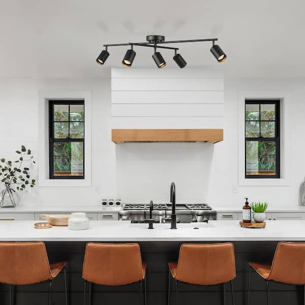 2.8 ft. Matte Black Indoor Hard Wired Track Lighting Kit with Center Swivel Bar with Pivoting Shades, Step Heads