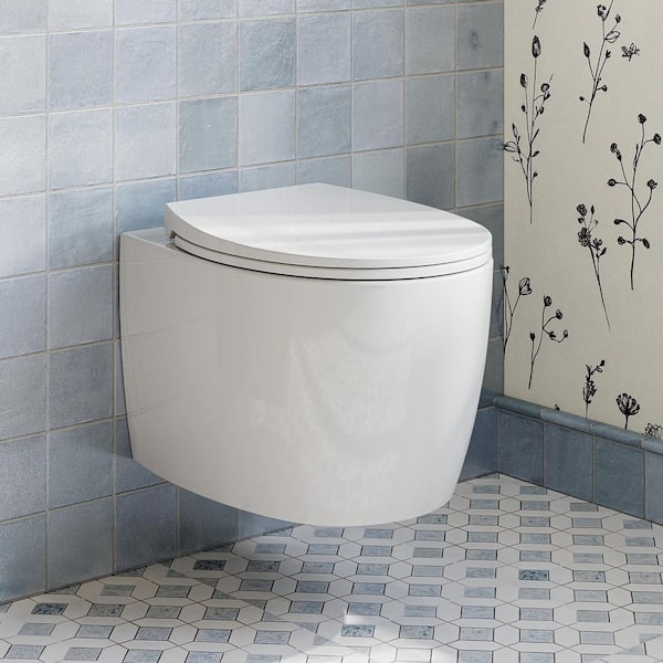 Elongated Compact Wall Hung Toilet Bowl Only in White, Soft Close Seat Included