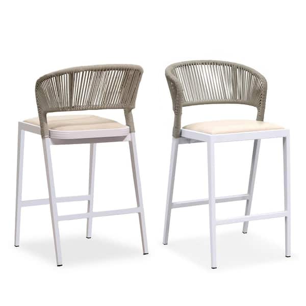 PURPLE LEAF Modern Aluminum Low Back Rattan Counter Height Outdoor Bar Stool with Backrest and White Cushion (2-Pack)